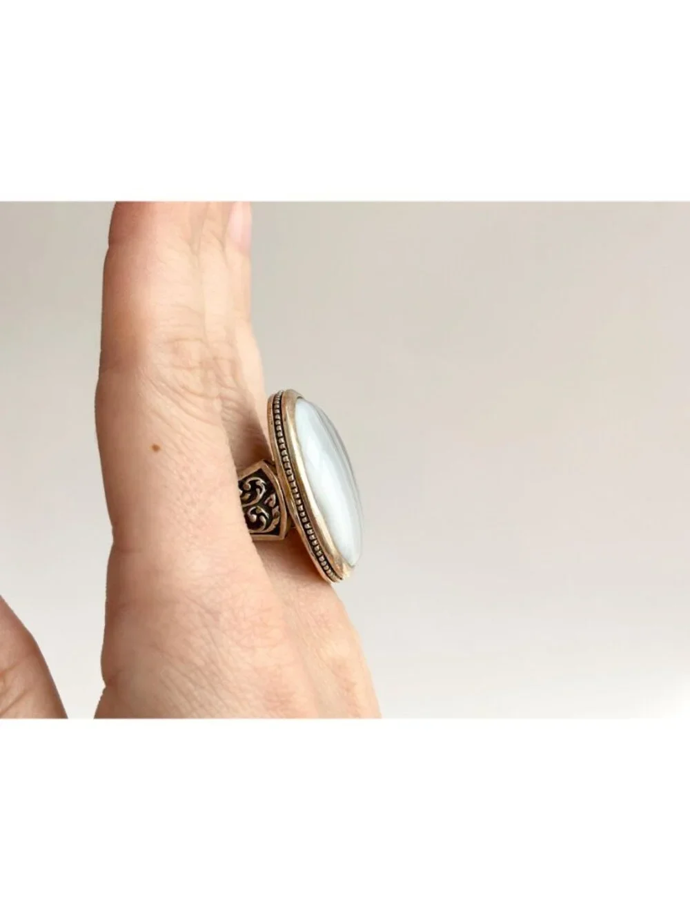 Grey Banded Agate Polished Cabochon Sterling Silver 925 Vintage Ring - sz 8